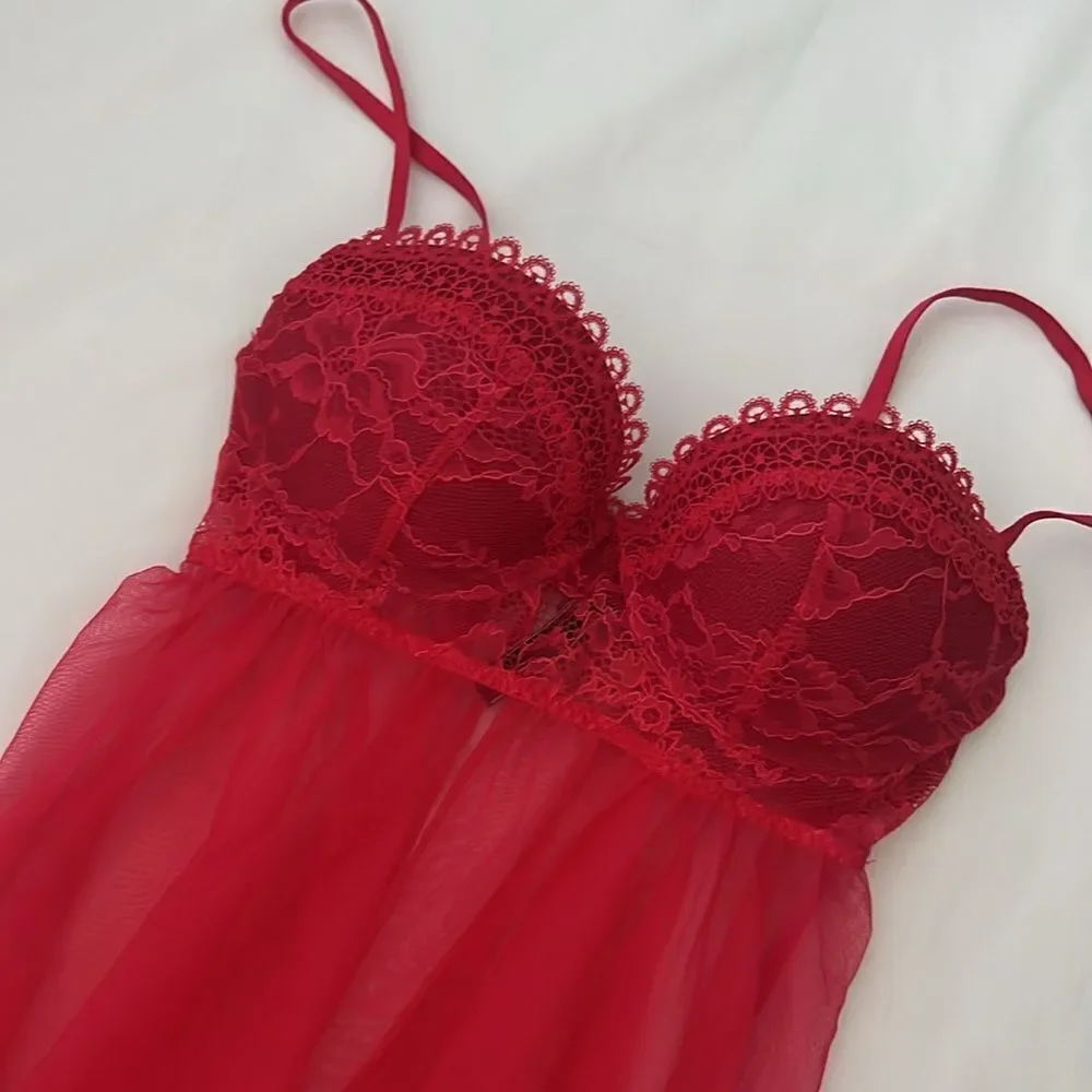 Victorias Secret Floral Lace Babydoll Slip Dress 34C Red Sheer Romantic Coquette